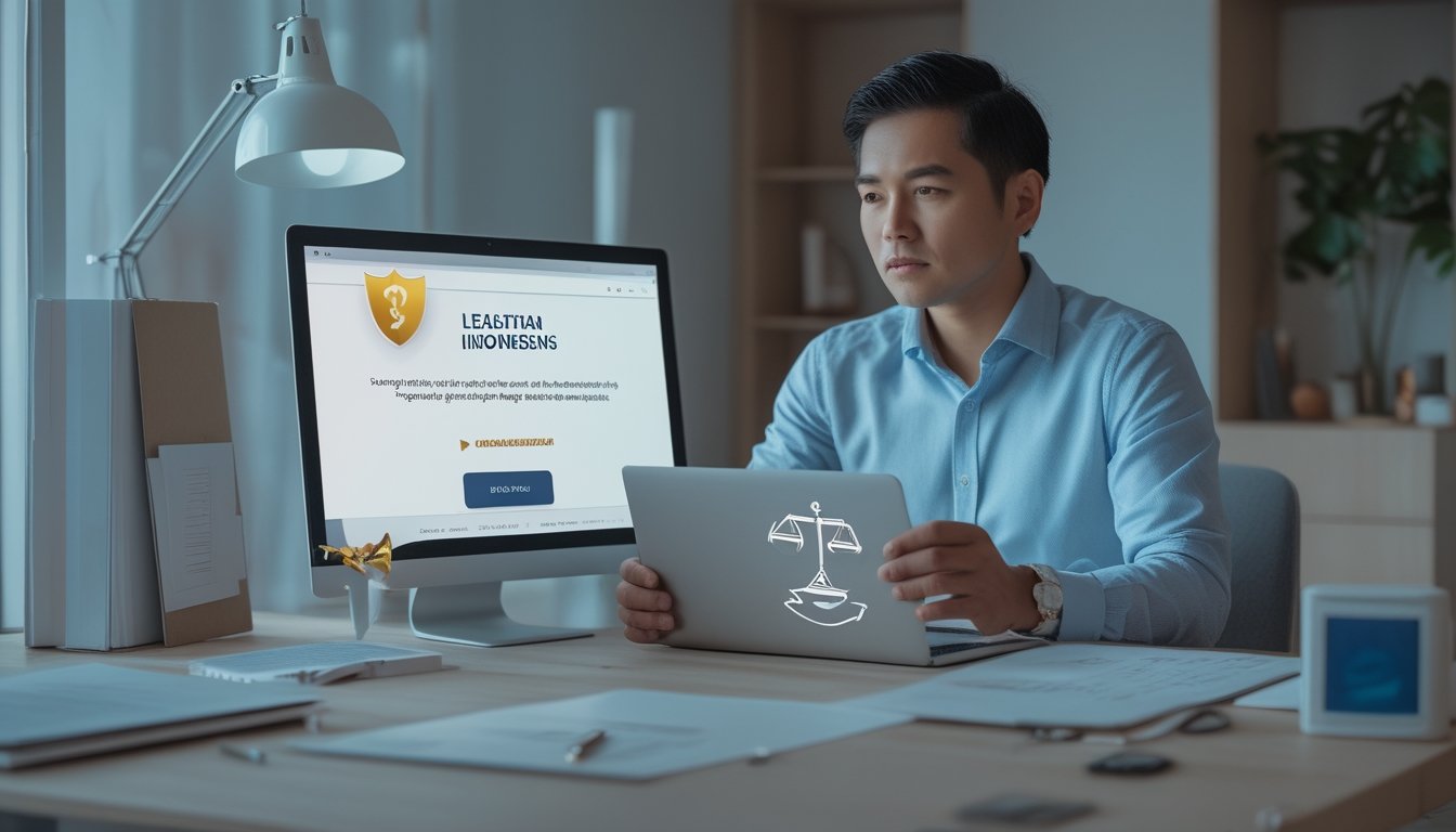 Orang dewasa meninjau informasi keamanan dan legalitas perjudian online di meja kerja dengan laptop dan dokumen.