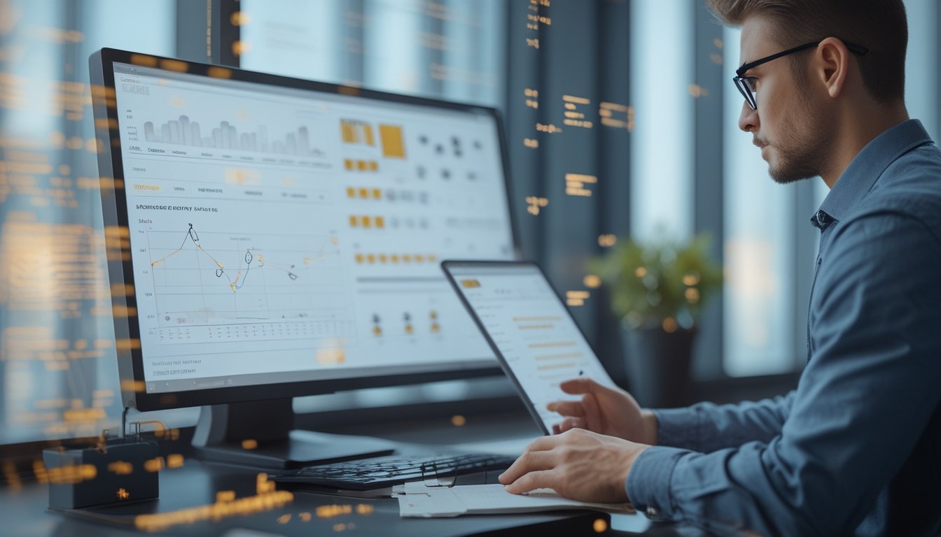 Analis sedang meninjau grafik tren angka pada komputer di ruang kerja modern.