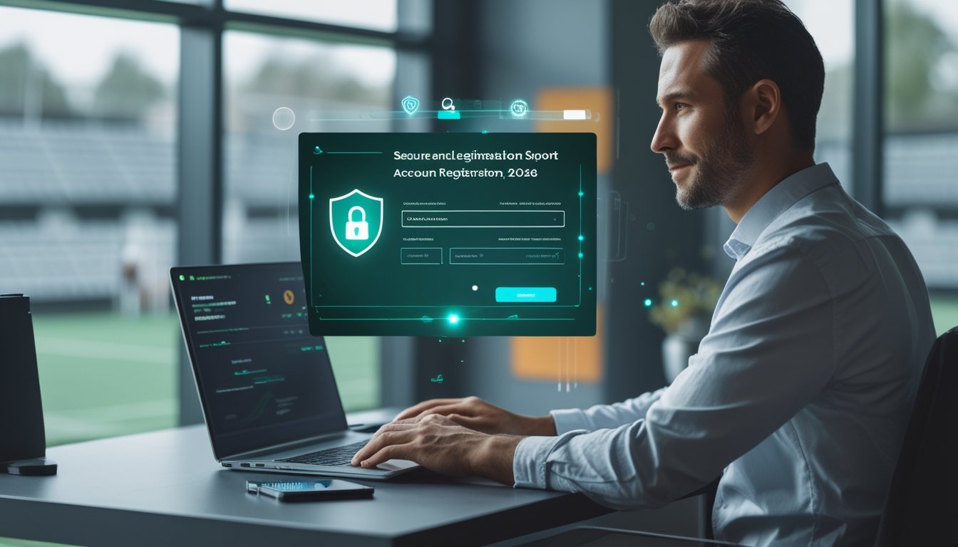 Orang dewasa menggunakan laptop untuk mendaftarkan akun olahraga online dengan simbol keamanan di meja kerja modern.