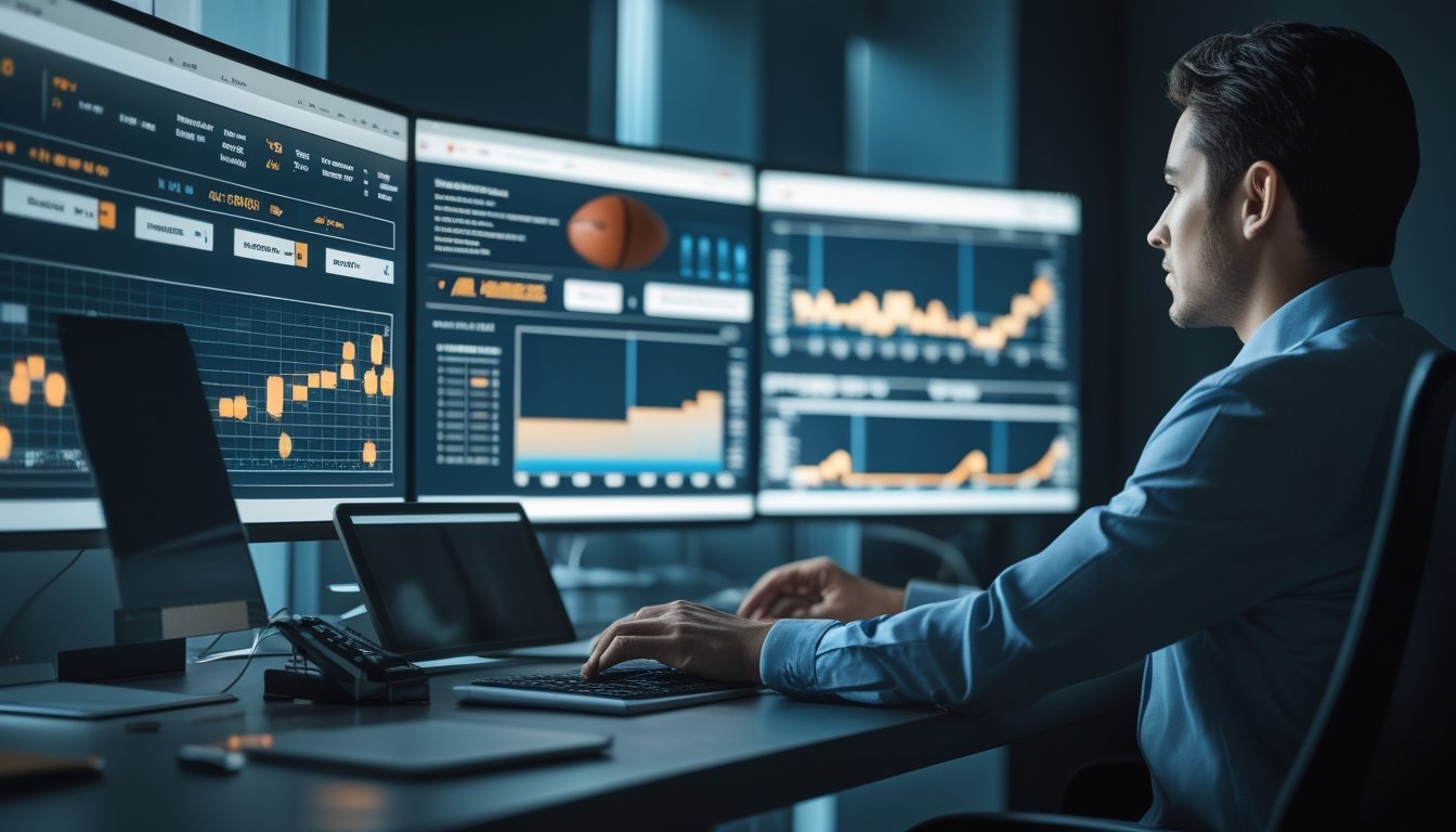 Seorang analis mempelajari grafik statistik pertandingan pada beberapa layar di meja kerja modern.