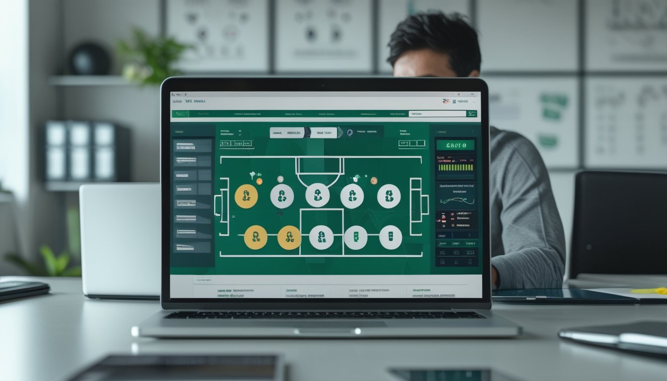 Seorang analis mempelajari statistik pertandingan sepak bola dan grafik peluang di ruang kerja modern.