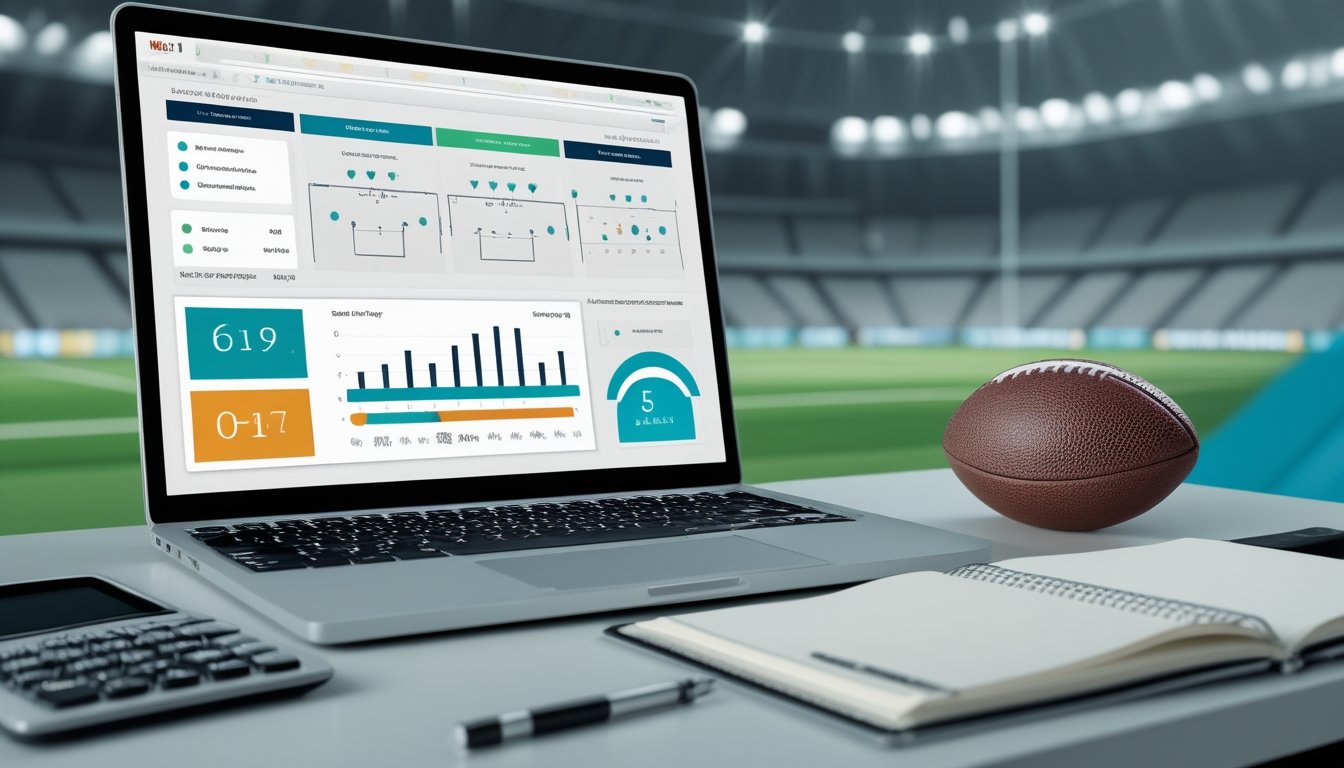 Meja kerja dengan laptop yang menampilkan analisis pertandingan sepak bola dan perlengkapan pencatatan di depan latar stadion yang buram.