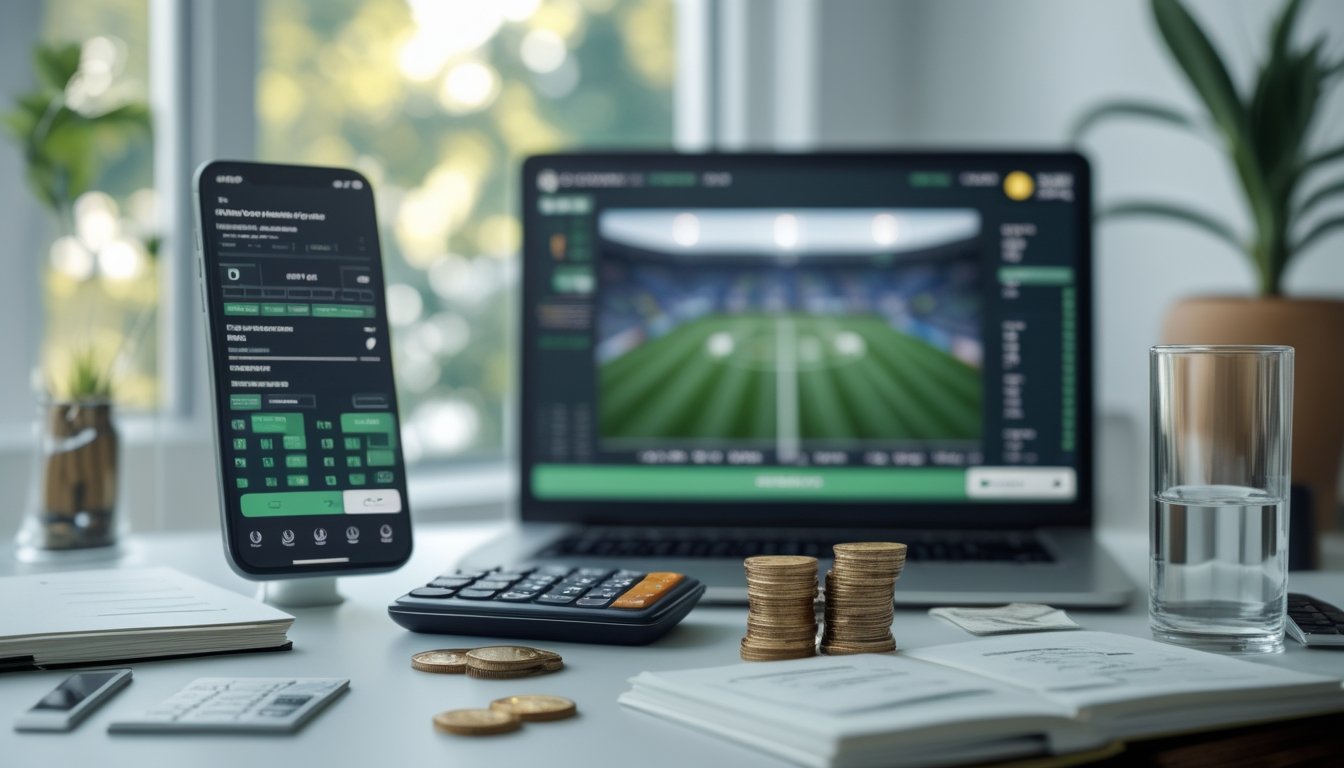 Meja kerja dengan kalkulator, uang yang tertata, perangkat analisis pertandingan sepak bola, dan layar pertandingan di latar belakang.