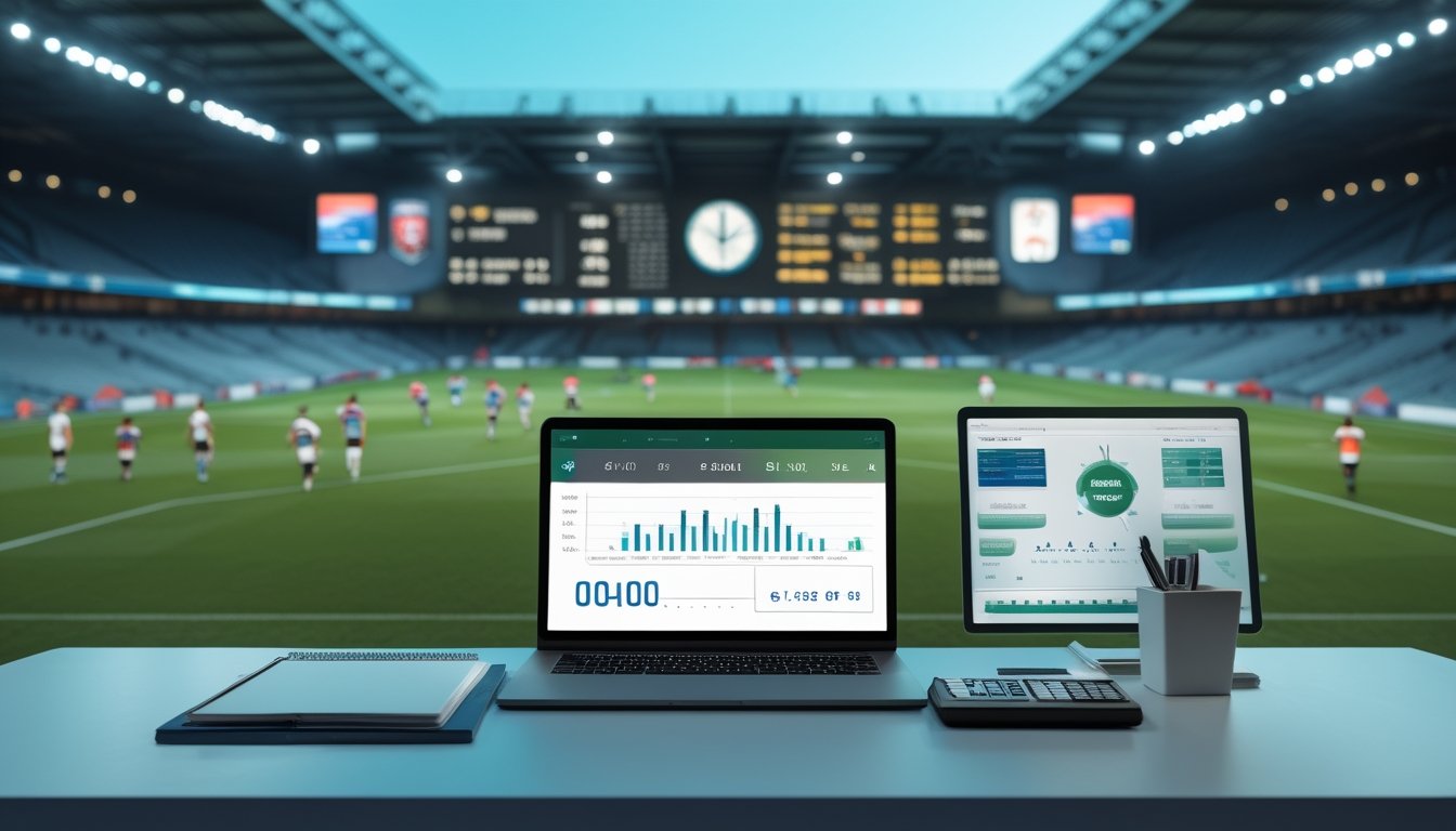Seorang analis mempelajari statistik pertandingan sepak bola babak pertama di depan laptop, dengan pertandingan berlangsung di stadion.