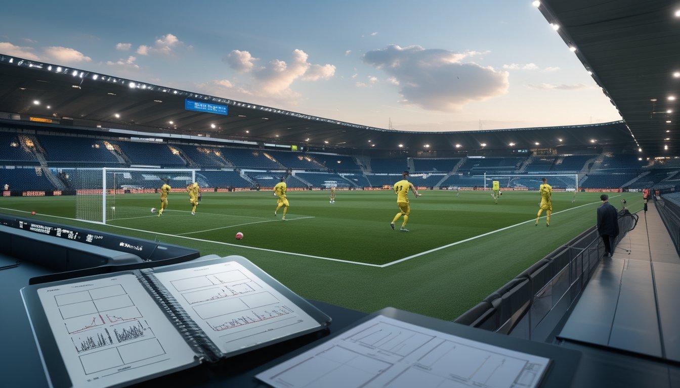 Pertandingan sepak bola babak pertama sedang berlangsung di stadion, dengan pengamat menganalisis jalannya permainan.