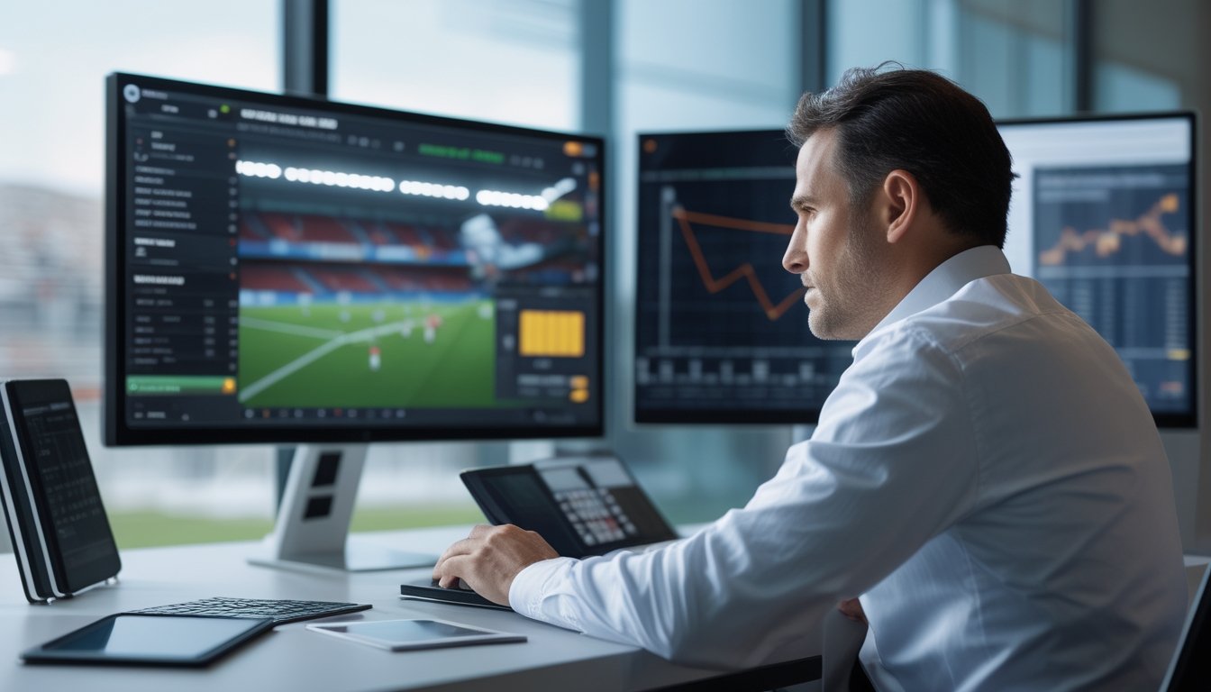 Seorang analis mempelajari statistik pertandingan sepak bola di meja kerja dengan layar grafik dan perlengkapan analisis.
