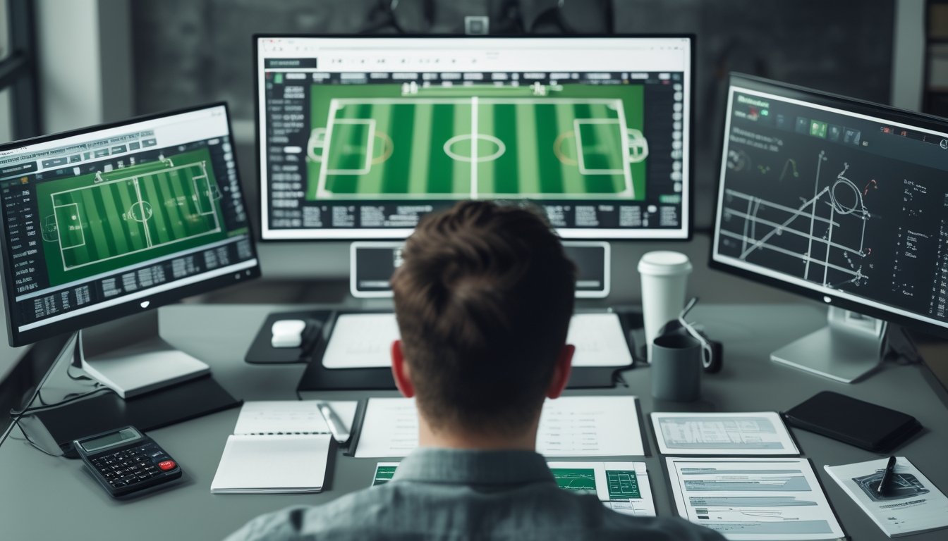Analis sepak bola mempelajari data pertandingan dan statistik skor di meja kerja.