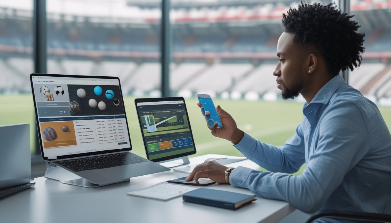 Seseorang menganalisis beberapa pilihan olahraga non-sepak bola menggunakan laptop, tablet, grafik, dan catatan.