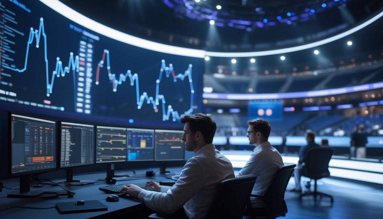 Tim analis mengamati data pertandingan esports di ruang kontrol dengan latar arena turnamen.