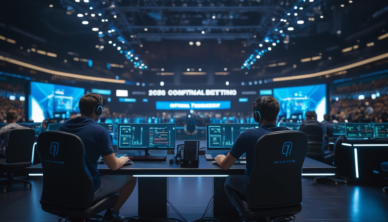 Dua pemain e-sports bertanding di arena turnamen dengan layar analisis abstrak dan penonton di latar belakang.