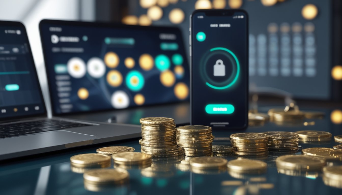 Perangkat digital, koin emas, dan kalender bercahaya menggambarkan bonus deposit harian.