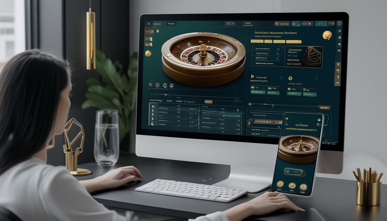 Perangkat digital menampilkan suasana platform kasino online dengan roda roulette, kartu, dan keping kasino di meja modern.