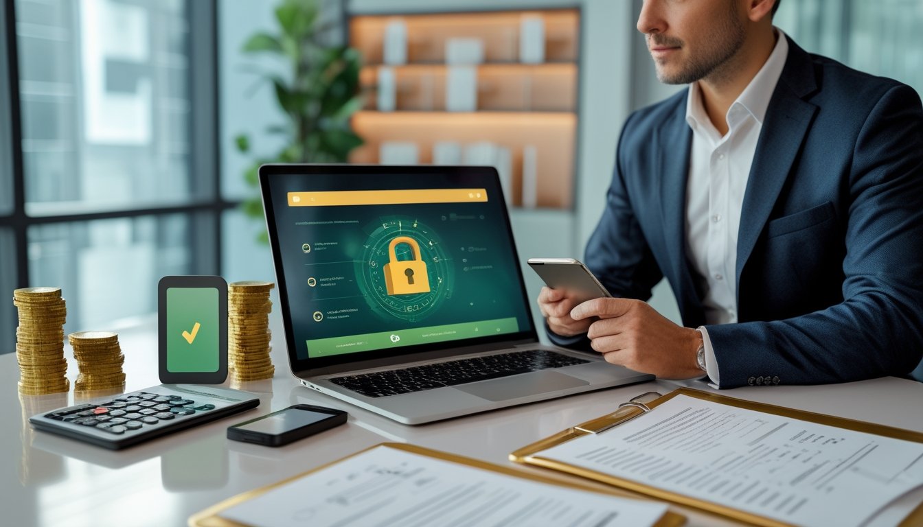 Profesional memeriksa laptop, dokumen legalitas, dan simbol keamanan di ruang kerja modern.
