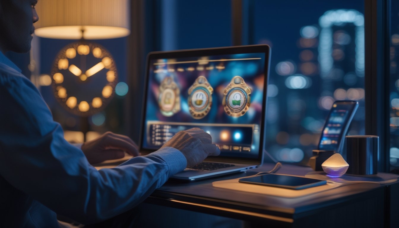 Seorang dewasa menggunakan laptop di ruang kerja modern pada malam hari dengan suasana nyaman dan perangkat digital di sampingnya.
