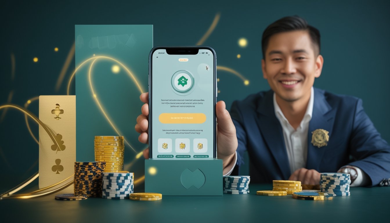Orang dewasa melihat ponsel di ruang modern dengan elemen dekoratif bergaya kasino.