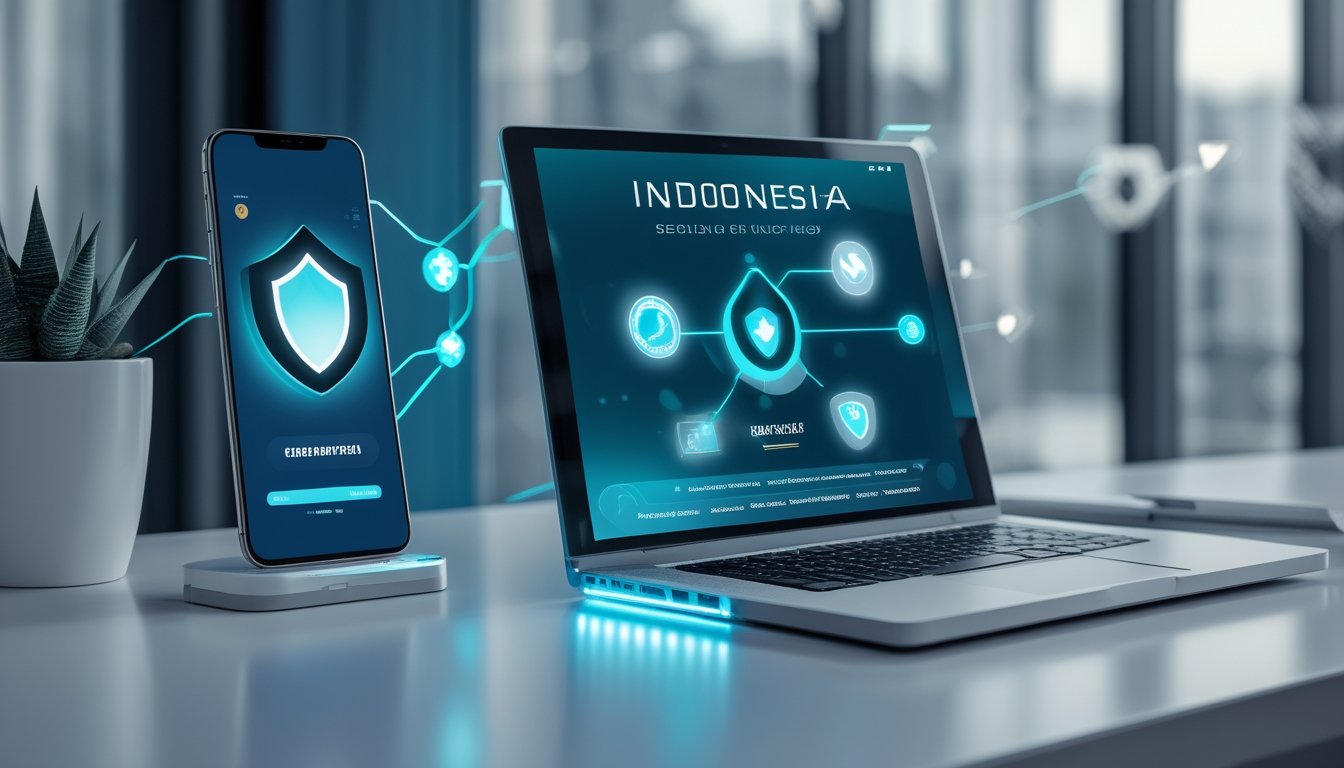 Perangkat digital di meja modern dengan simbol keamanan dan jaringan terhubung.