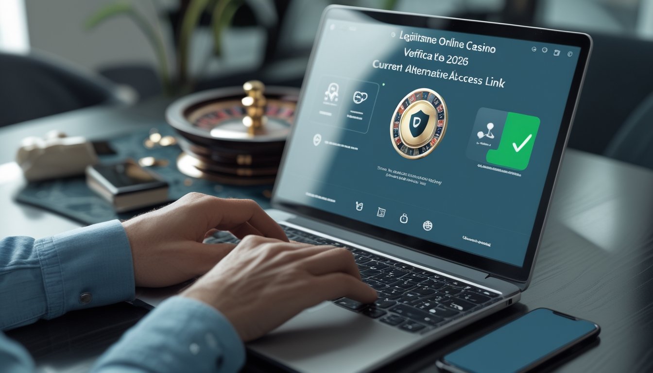 Seseorang memeriksa keamanan situs casino melalui laptop dan ponsel di meja kerja.