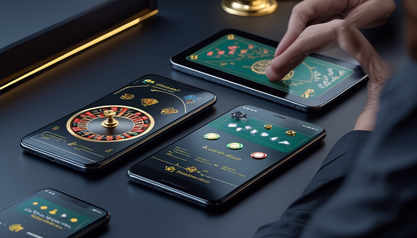 Ponsel dan tablet menampilkan permainan kasino digital dengan tangan pengguna menyentuh layar.