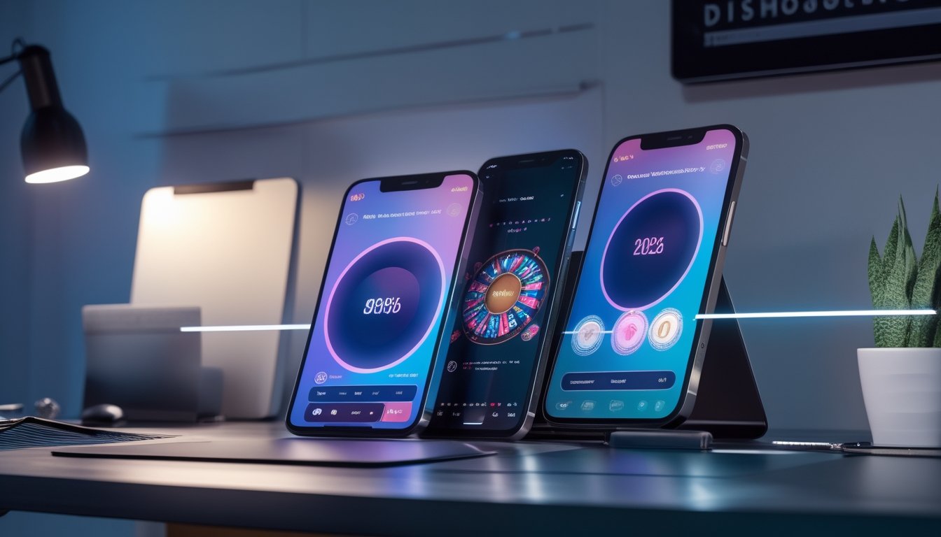 Ponsel Android dan iPhone berdampingan di atas meja dengan tablet di latar belakang.