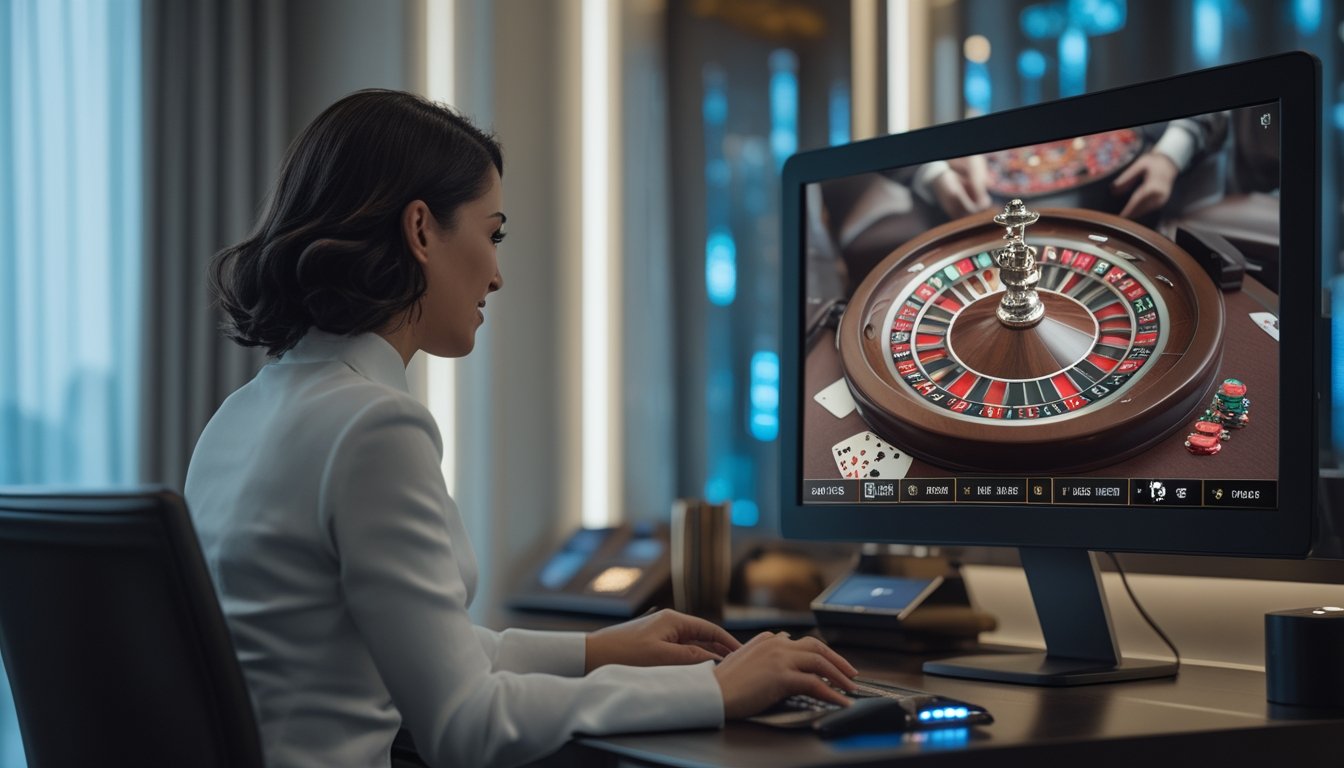 Orang dewasa menikmati permainan kasino live melalui monitor besar di ruangan modern.