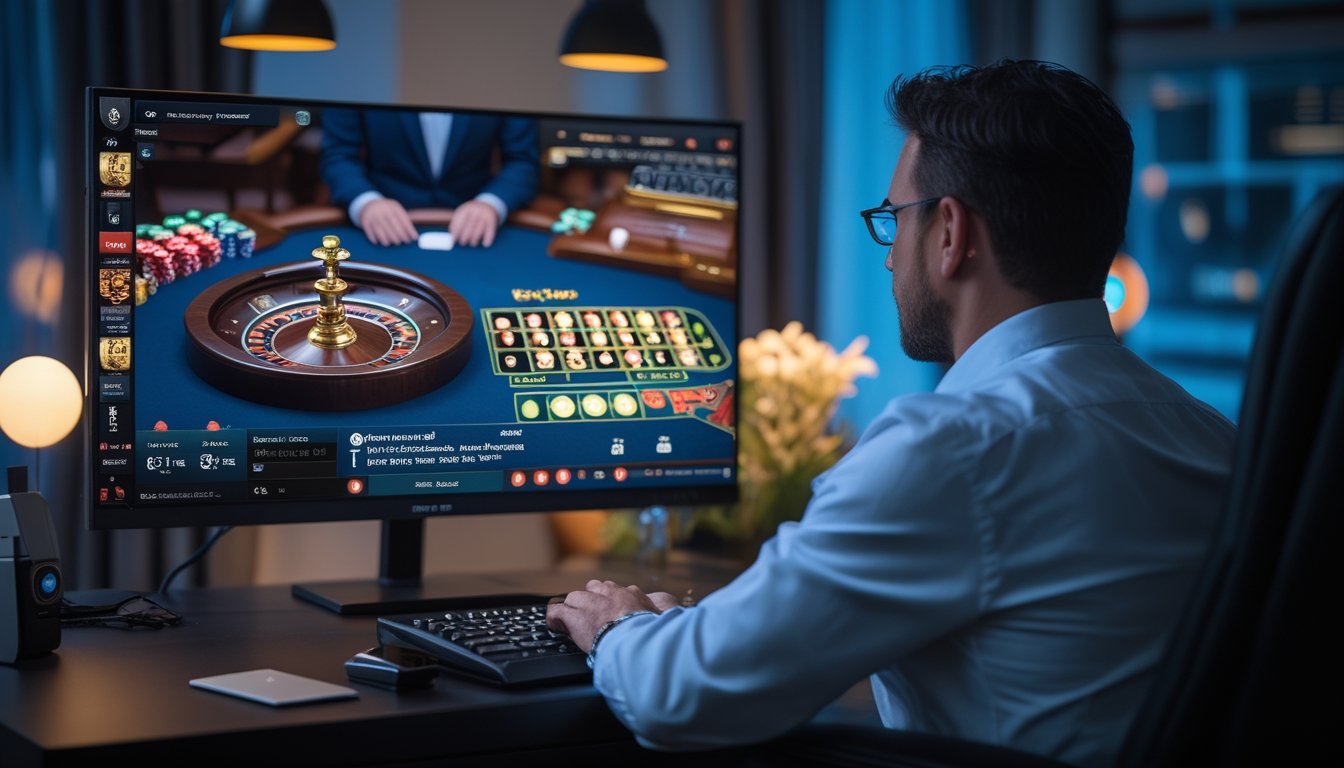 Seseorang menonton permainan kasino live dengan dealer di layar monitor dalam ruangan modern.