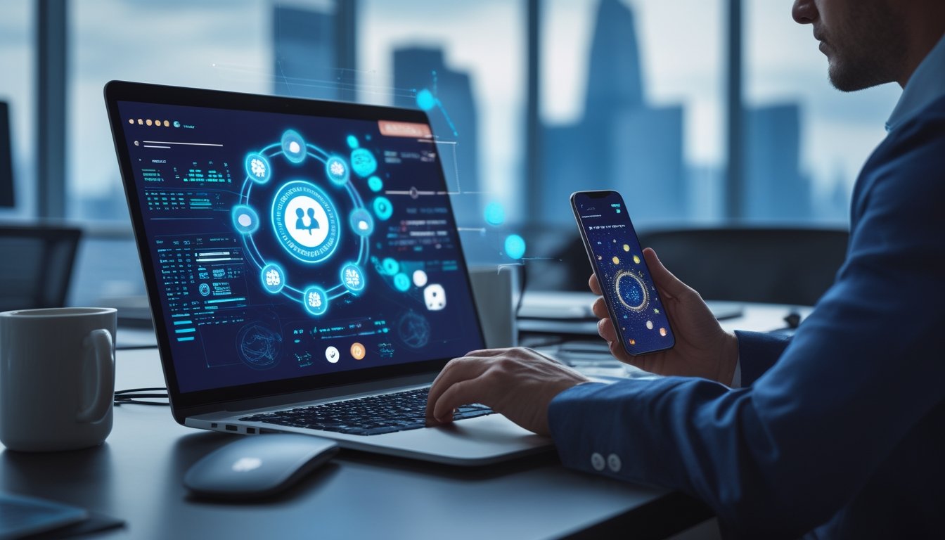 Orang dewasa menggunakan laptop dan ponsel dengan tampilan teknologi kasino digital modern.