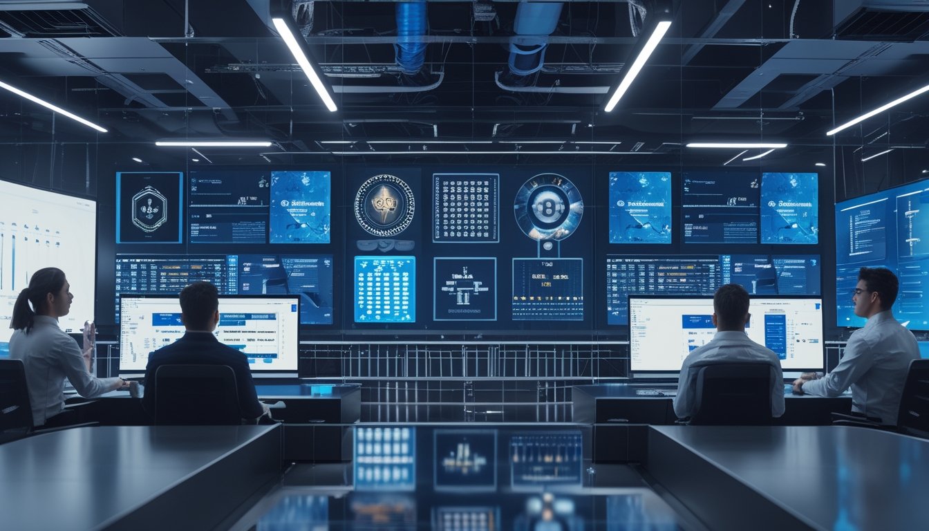 Tim teknologi memantau platform digital kasino online melalui layar data dan jaringan yang saling terhubung.