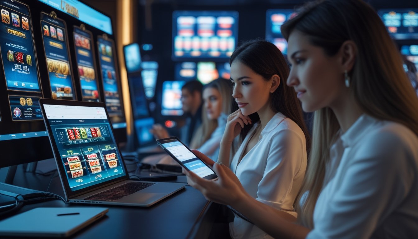 Orang dewasa membandingkan pilihan permainan kasino digital di ruang bermain modern.