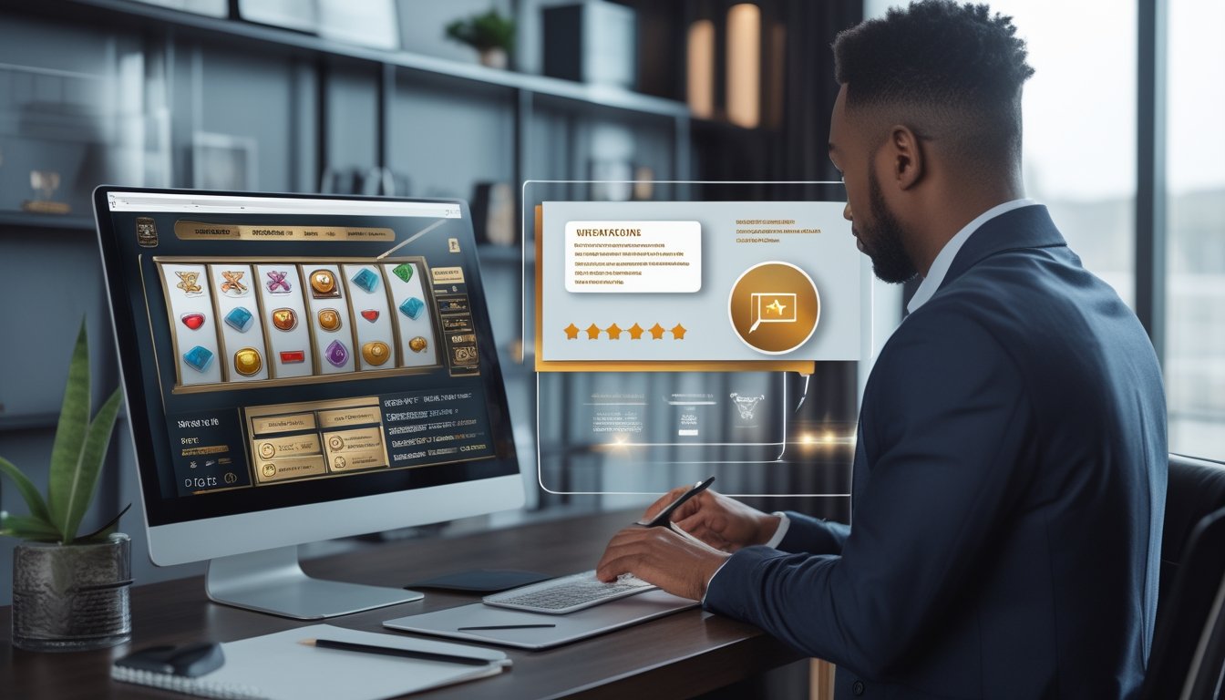 Seorang profesional memeriksa informasi legalitas dan reputasi platform kasino daring di ruang kerja modern.
