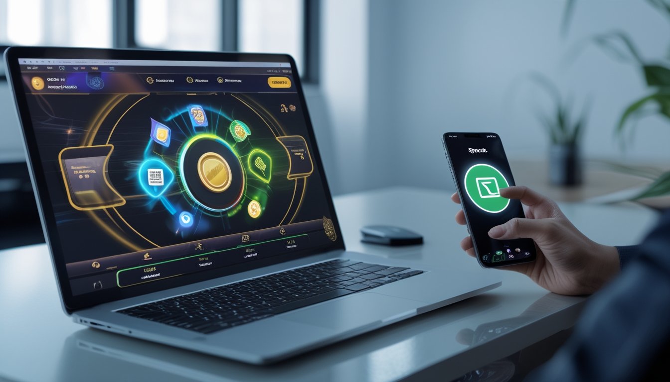 Seseorang menggunakan ponsel dan laptop untuk permainan digital serta pembayaran melalui kode QR.