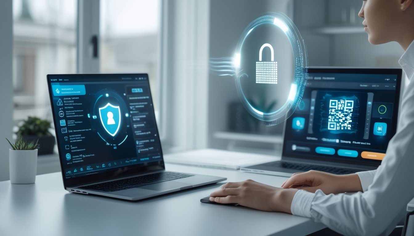 Seseorang membandingkan platform digital yang aman di laptop dan ponsel dengan simbol perlindungan serta pembayaran digital.