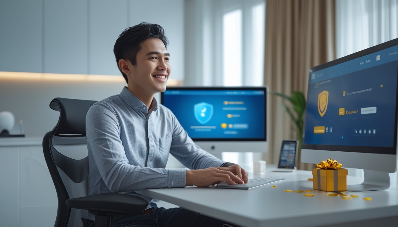 Orang dewasa menggunakan laptop dalam suasana kantor rumah modern dengan elemen hadiah dan keamanan digital.