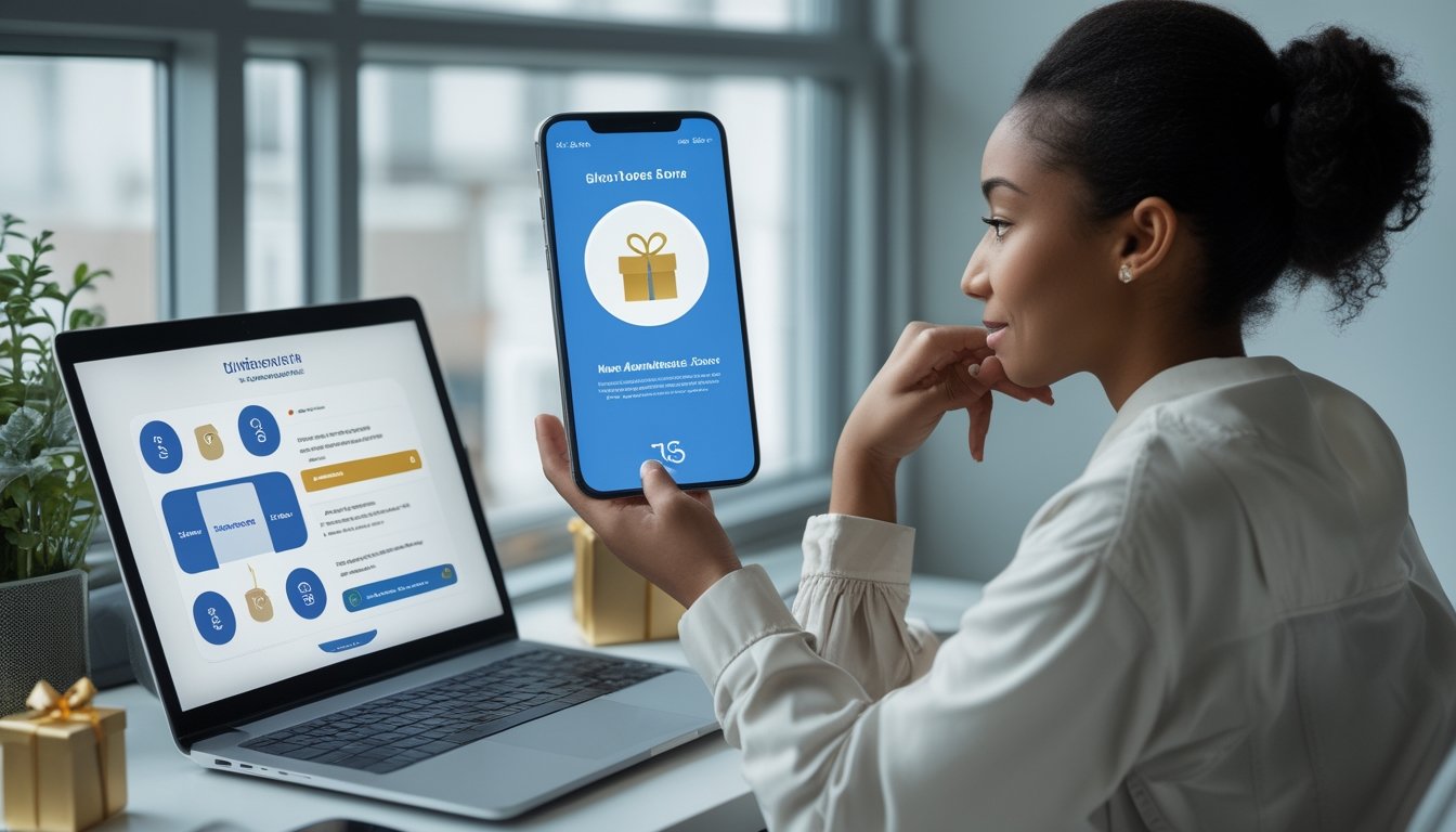 Seseorang memeriksa dashboard keanggotaan digital di laptop dengan ilustrasi hadiah sambutan di meja kerja.