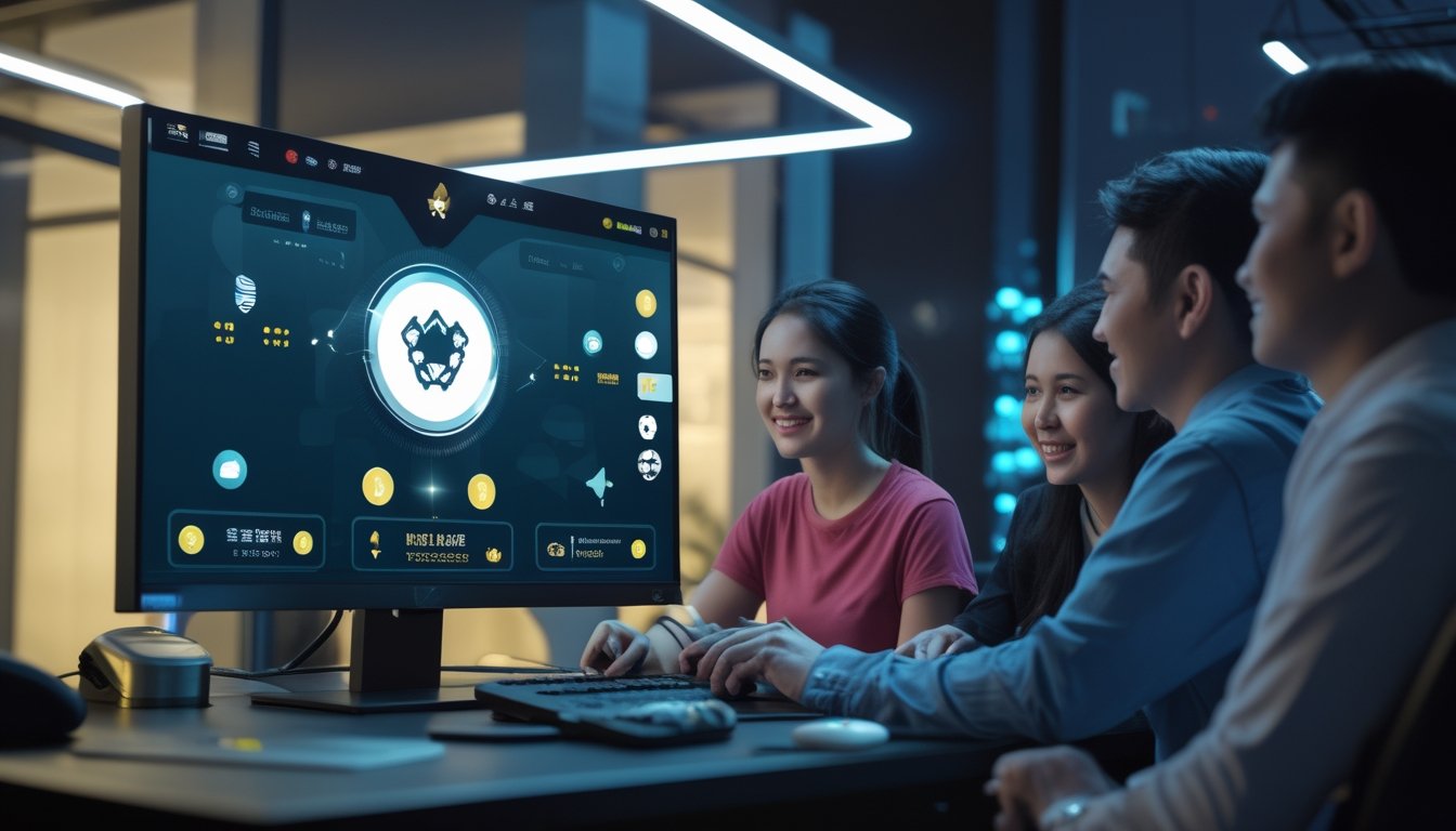 Pemain dewasa menikmati permainan kartu digital yang cepat dan aman di ruang kerja modern.
