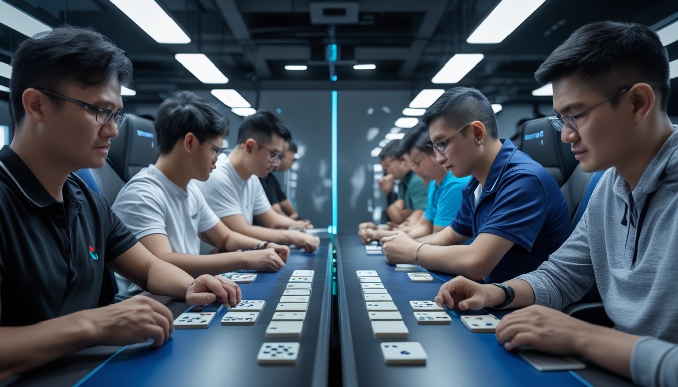 Sekelompok orang dewasa bermain domino di ruang gaming modern dengan suasana adil dan profesional.