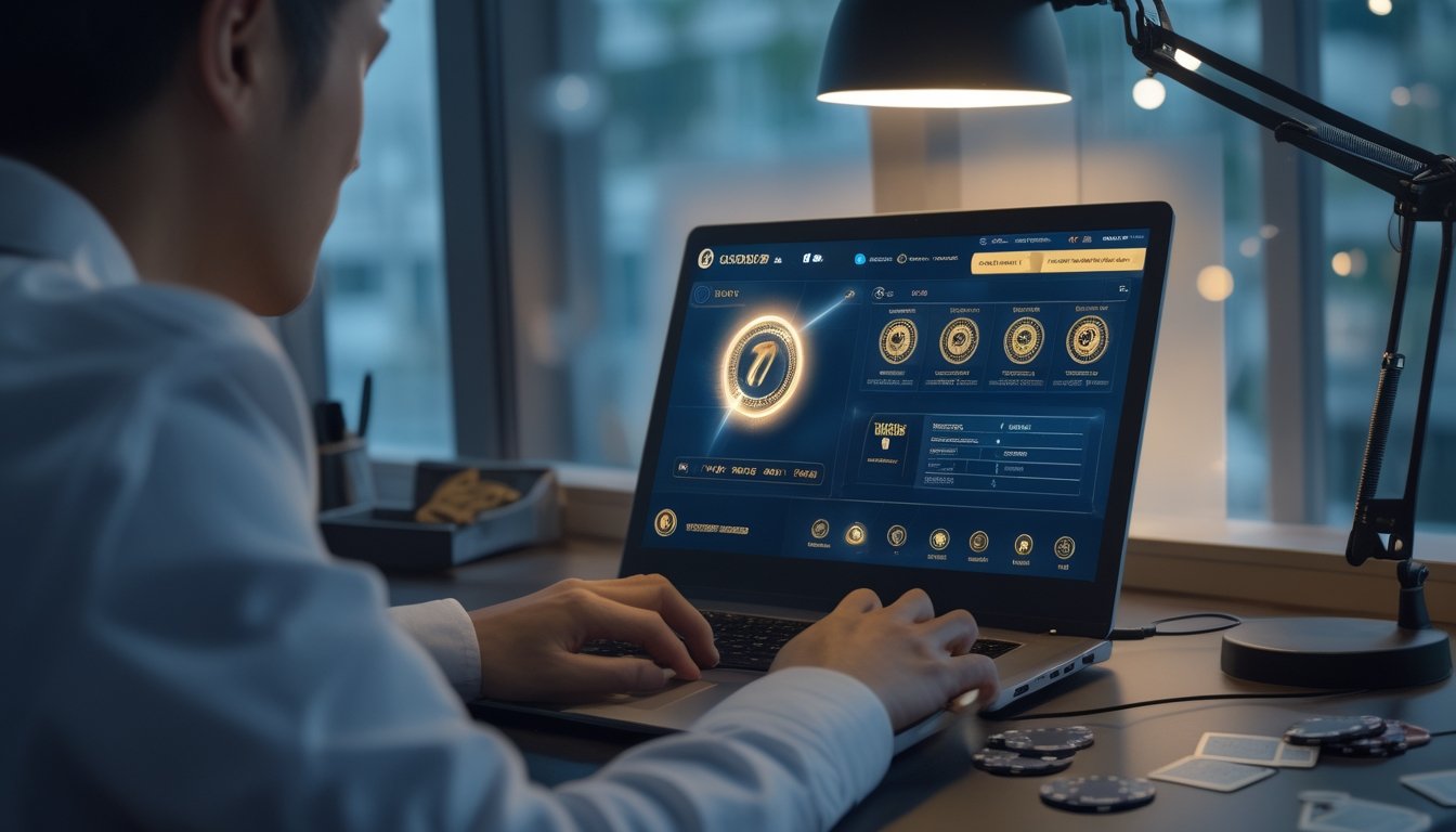 Seseorang menggunakan laptop dengan tampilan permainan kartu digital dan elemen visual bertema turbo di ruang kerja modern.