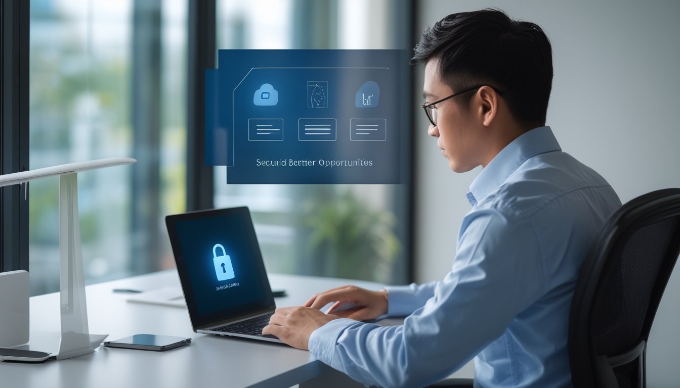 Seseorang sedang mendaftarkan akun digital melalui laptop di meja kerja modern.