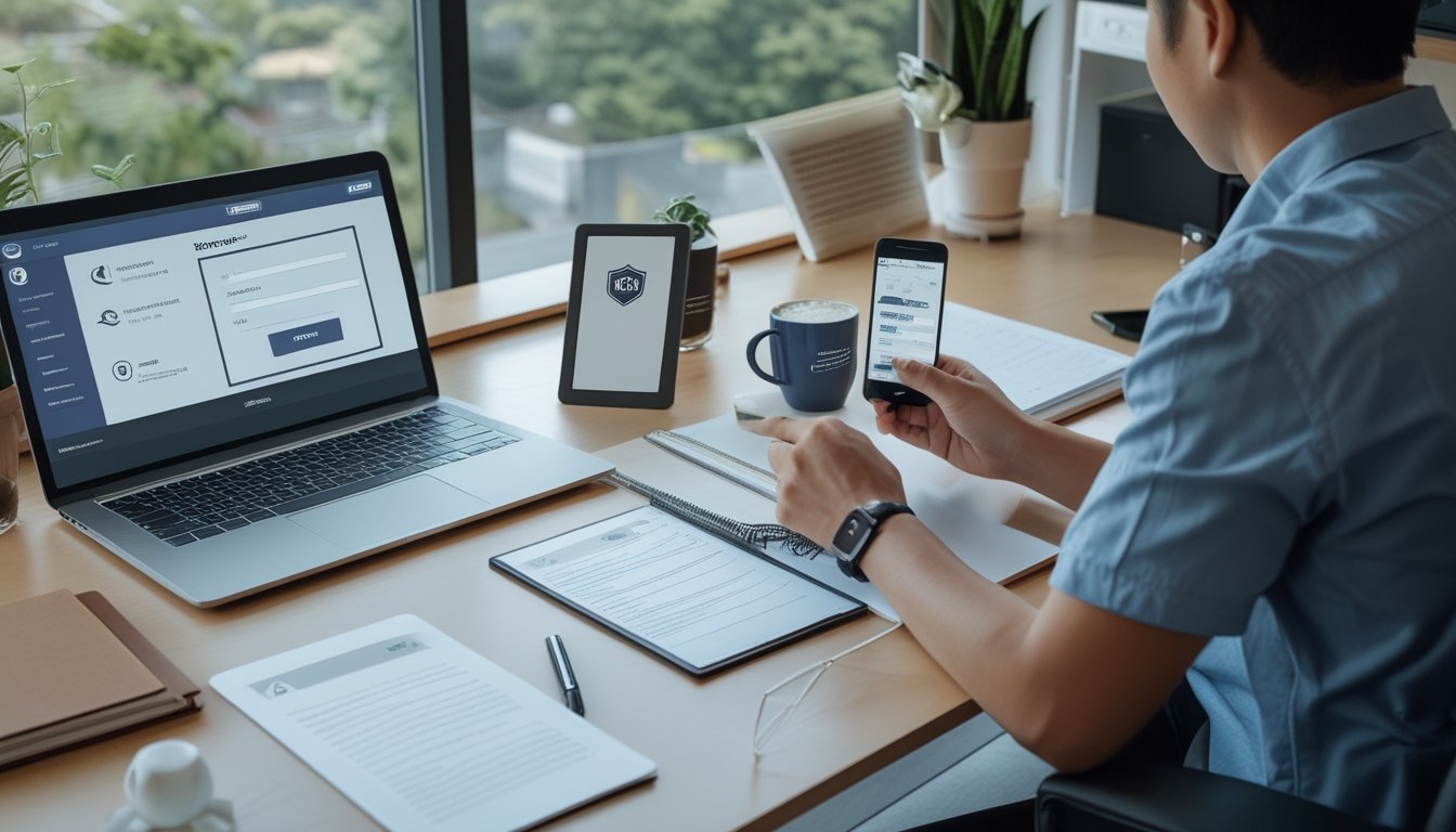 Seseorang menyiapkan laptop dan ponsel di meja kerja sebelum membuat akun.