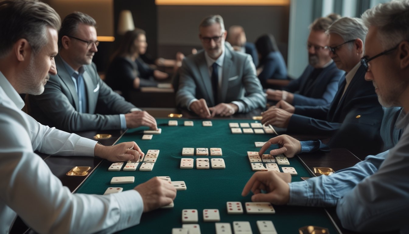 Sekelompok orang dewasa bermain domino secara strategis di meja dengan dealer yang bergiliran.