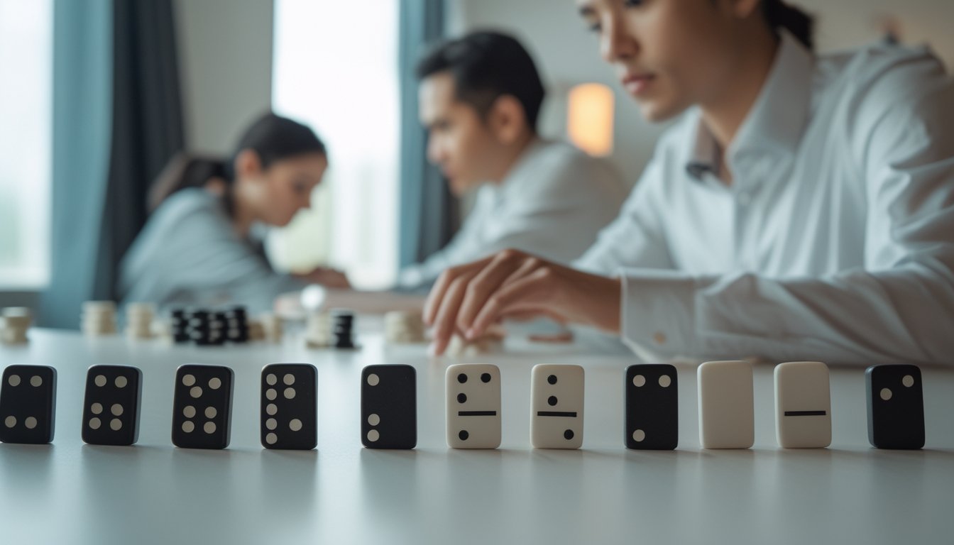 Seorang pemain fokus mengamati beberapa kartu domino di atas meja permainan.