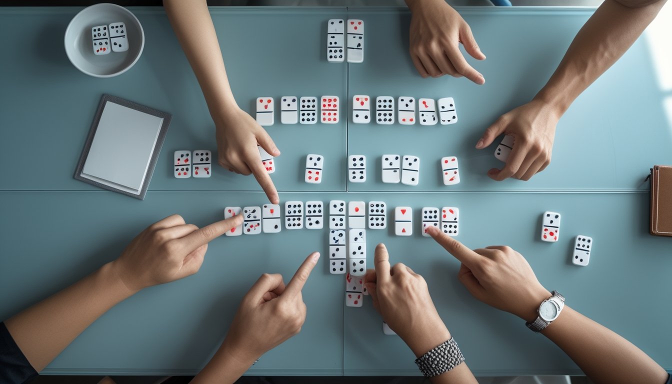 Tangan pemain sedang menyusun dan membandingkan kombinasi kartu domino di atas meja permainan.