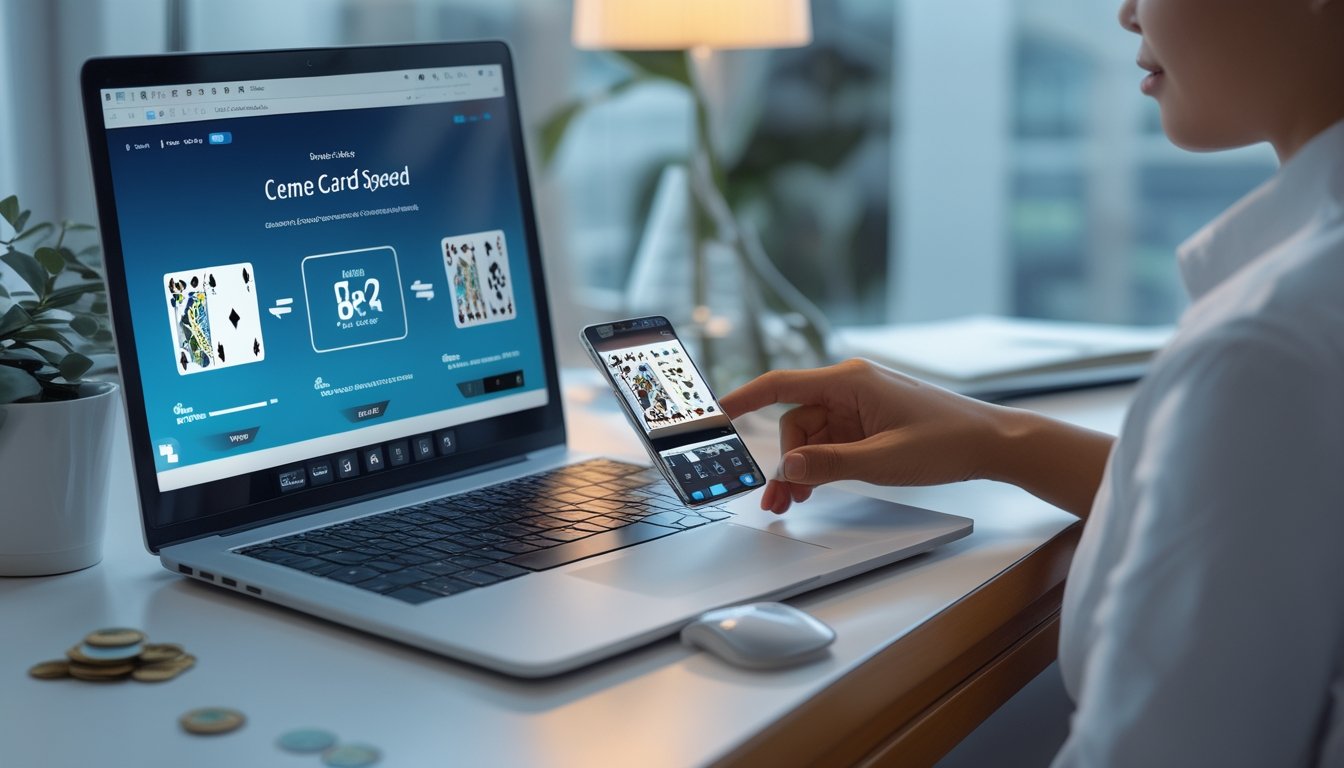 Seorang pemain menggunakan laptop dan ponsel dengan tampilan permainan kartu digital di meja kerja modern.