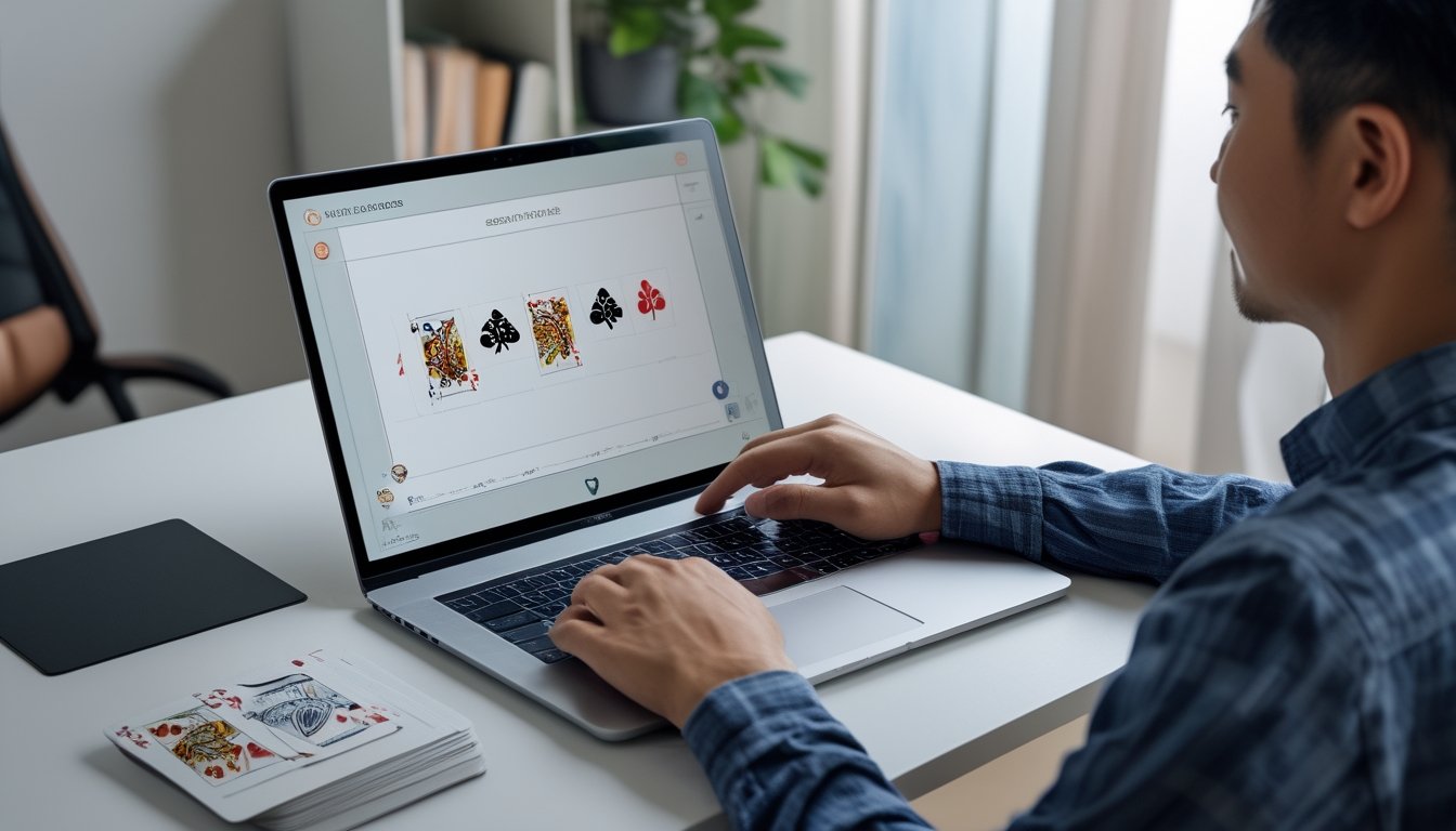 Seorang pemain mempelajari permainan kartu digital di laptop pada meja kerja yang rapi.