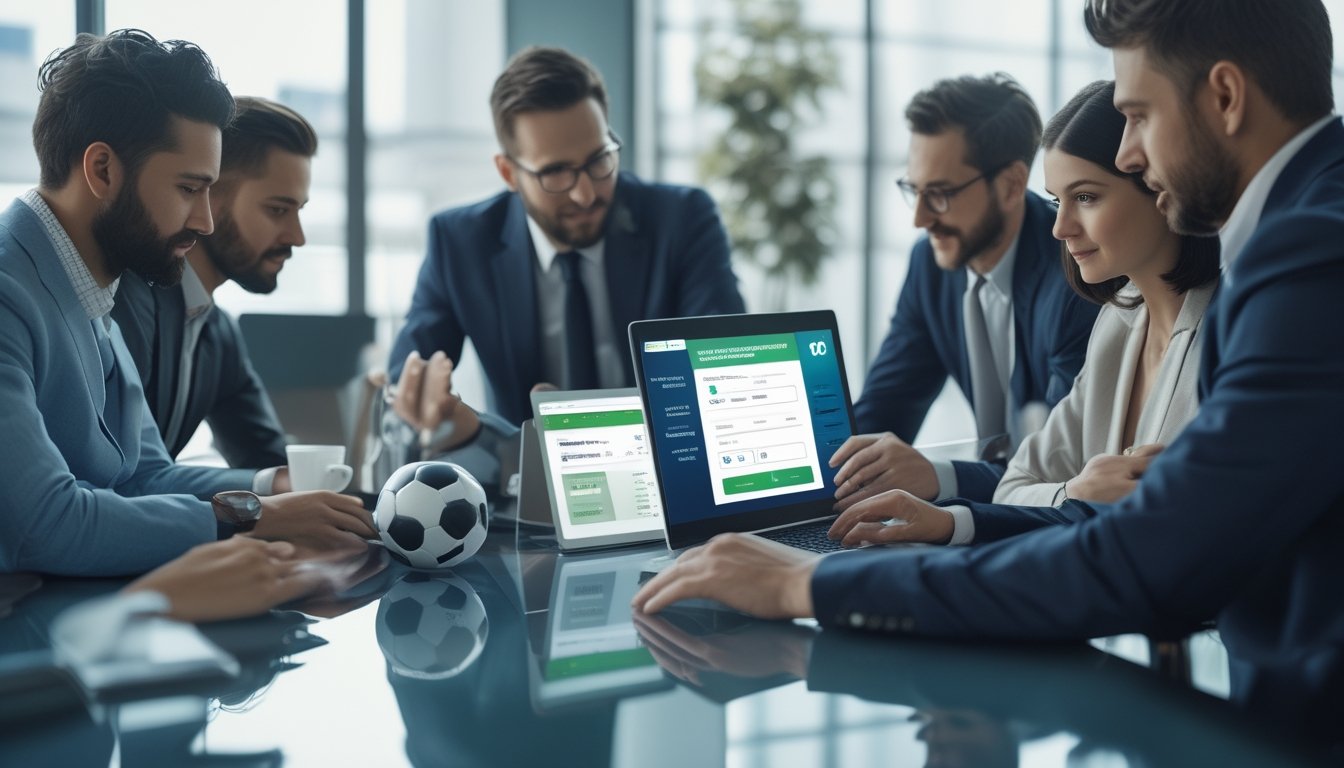 Sekelompok orang memeriksa keamanan dan keabsahan platform sepak bola digital di meja kerja modern dengan suasana stadion yang samar.