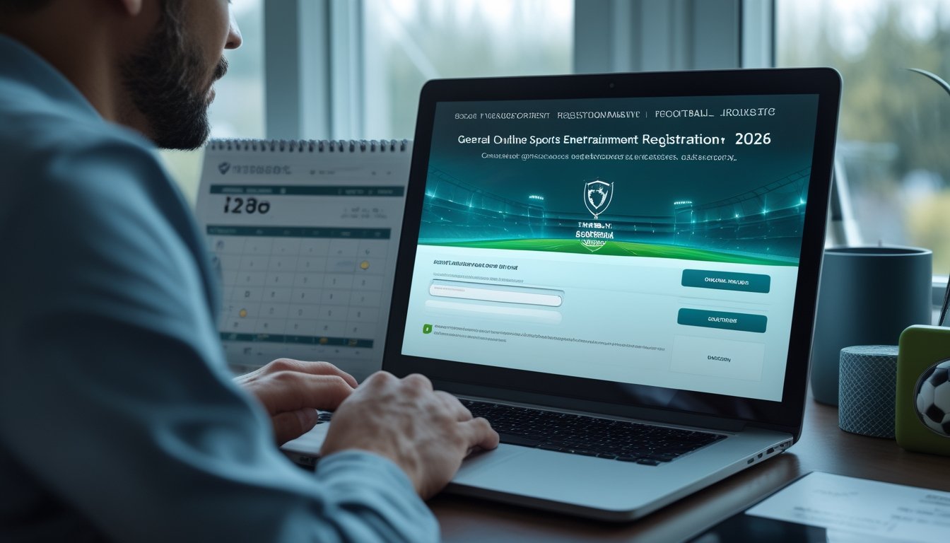 Seseorang menggunakan laptop untuk mendaftar di platform olahraga dengan elemen sepak bola di ruang kerja modern.