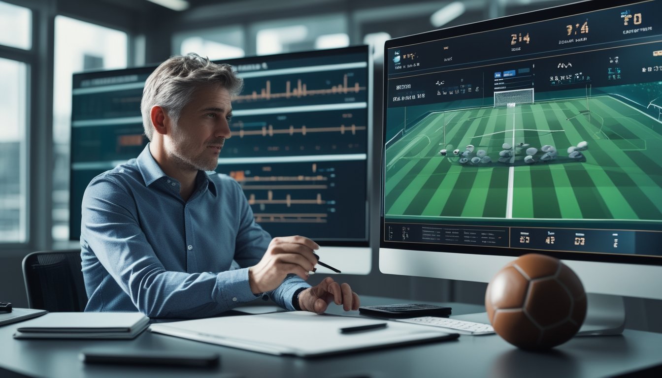 Seorang analis sepak bola mempelajari statistik pertandingan di studio olahraga modern.