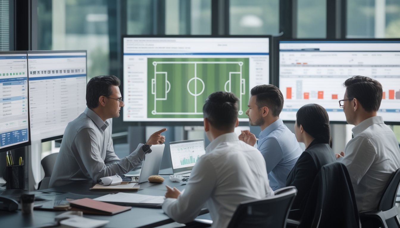 Analis olahraga dewasa mempelajari statistik pertandingan sepak bola dan grafik data di kantor modern.