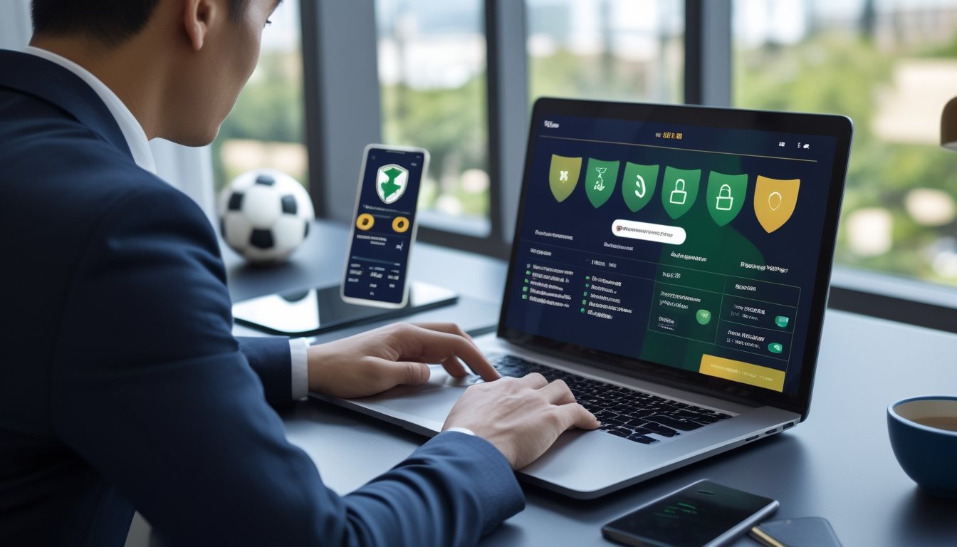 Seorang pria menggunakan laptop untuk membandingkan platform olahraga digital dengan simbol keamanan dan pembayaran di meja kerja.