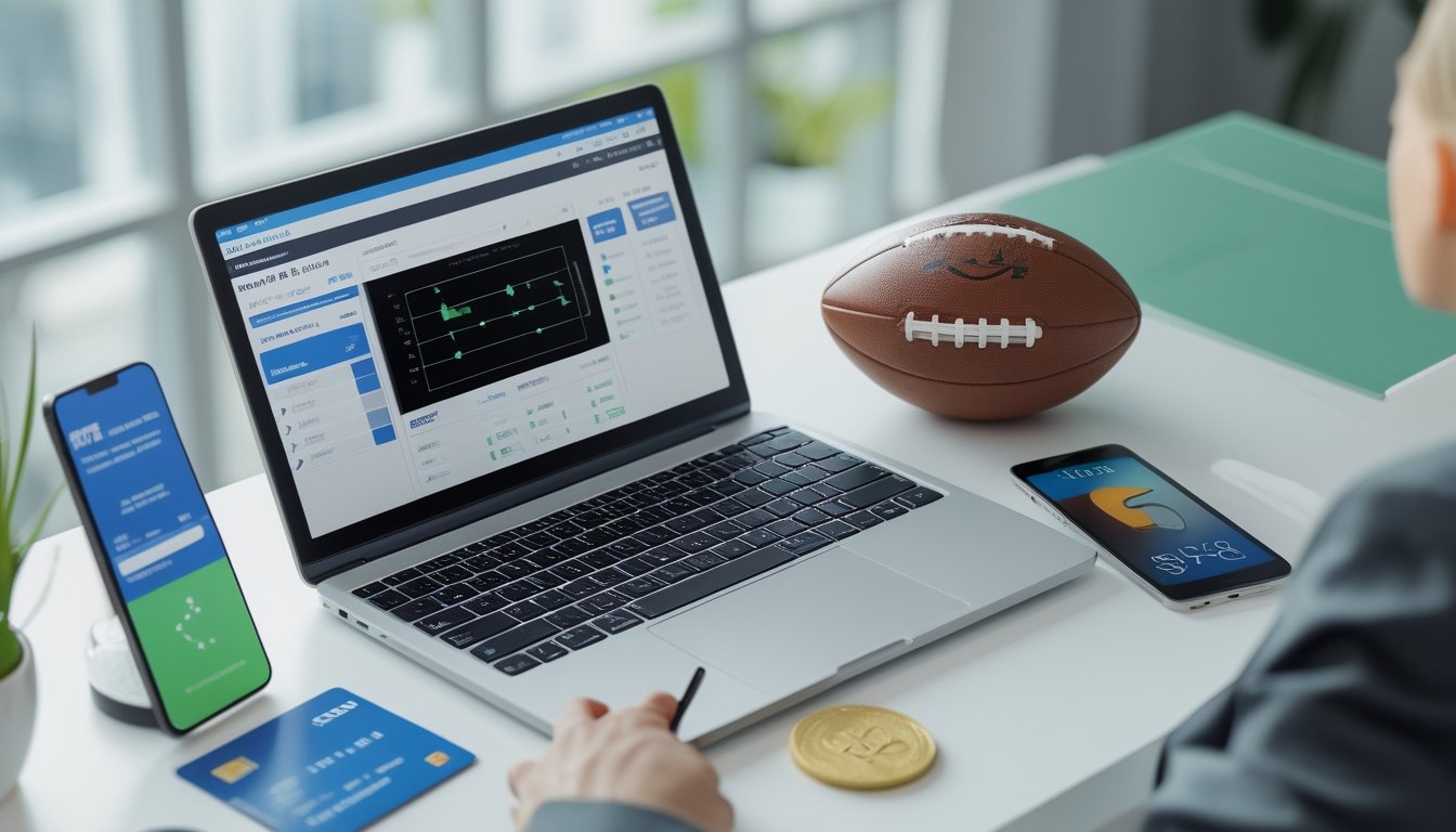 Meja kerja modern dengan laptop, ponsel, bola sepak, kalkulator, dan simbol keamanan yang menggambarkan penilaian platform taruhan sepak bola.