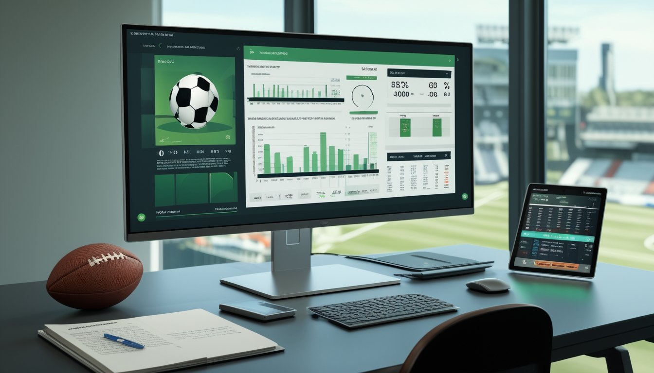 Meja kerja modern dengan bola sepak, layar analisis statistik pertandingan, tablet, buku catatan kosong, dan kalkulator.